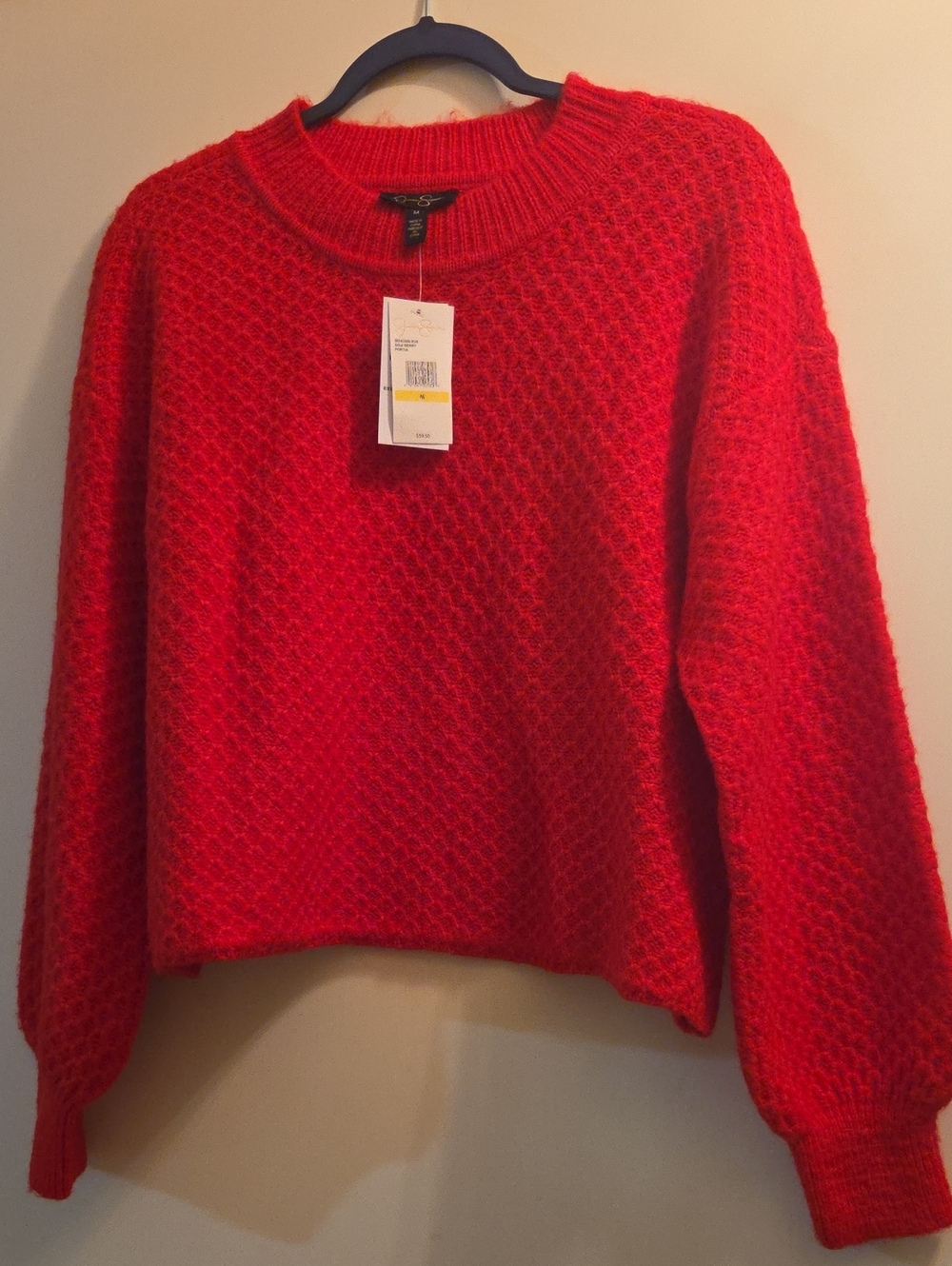 Jessica Simpson Bright Red Textured Crewneck Cropped Sweater With Puff Sleeve M
